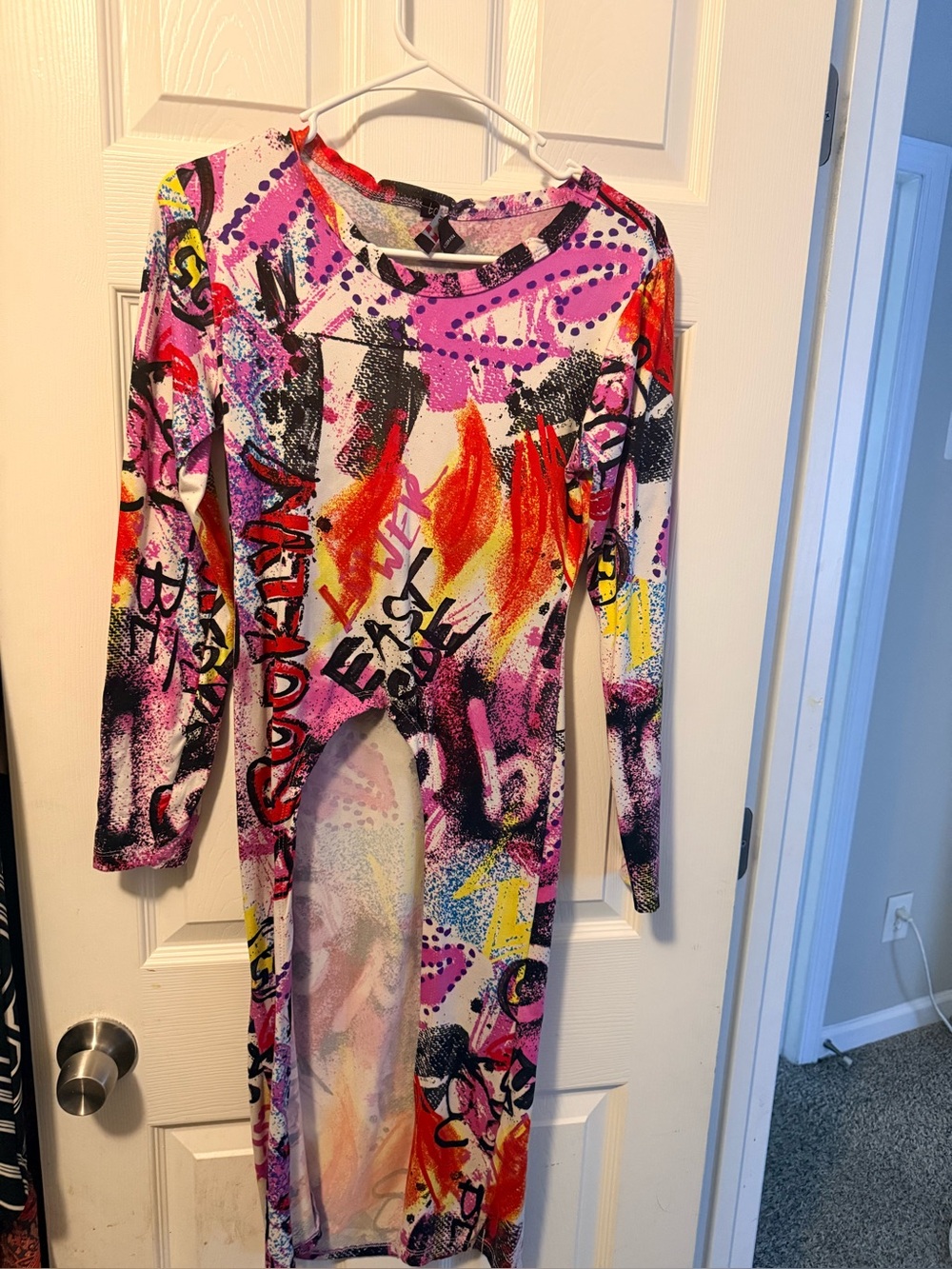 Graffiti-Print Long Sleeve Midi Dress in Pink Multicolor